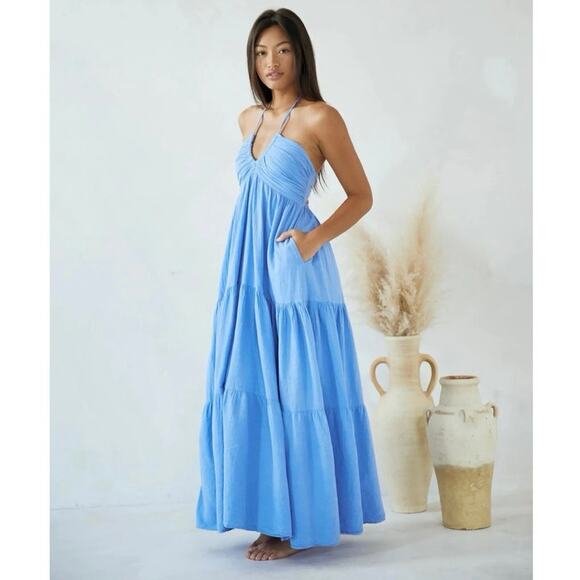 Anthropologie Dresses & Skirts - Blanco by Nature Carlotta Maxi Dress Blue Halter Backless Tiered Small EUC